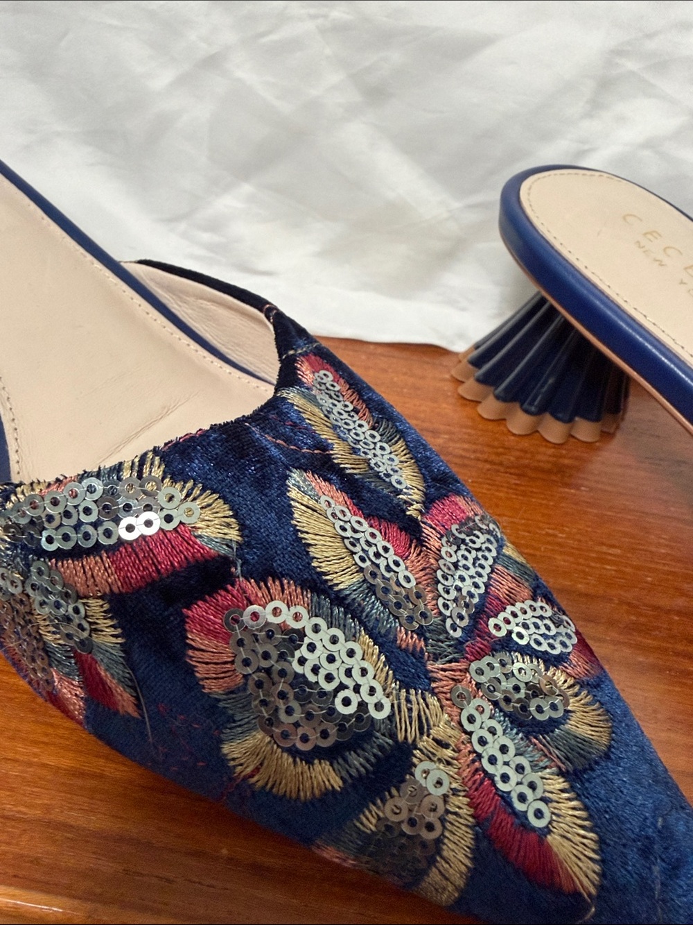 CECILIA NEW YORK Navy Embroidered Sequin Pointed Toe Mules - Picture 6 of 7